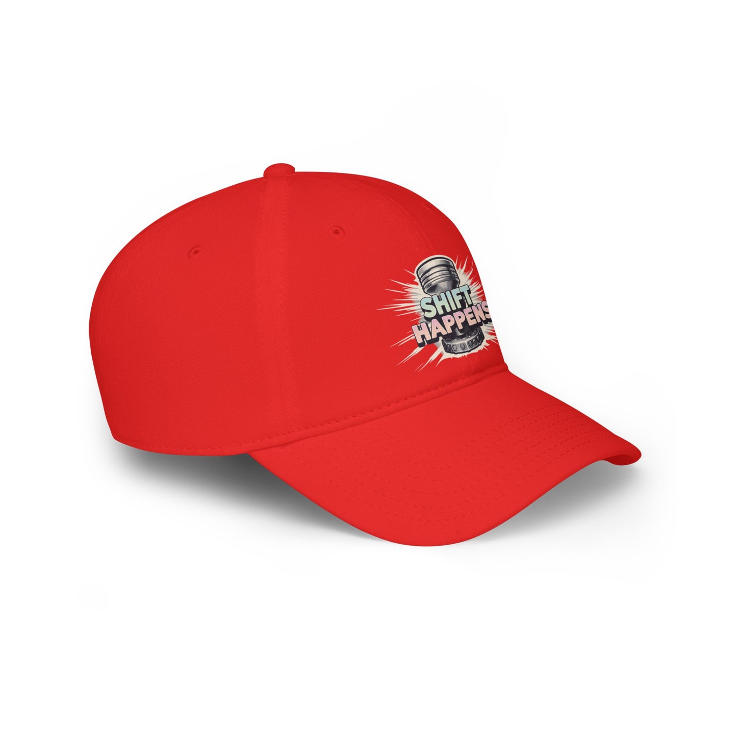 "Shift Happens" Low Profile Baseball Cap - Fun Red Cap for Casual Days