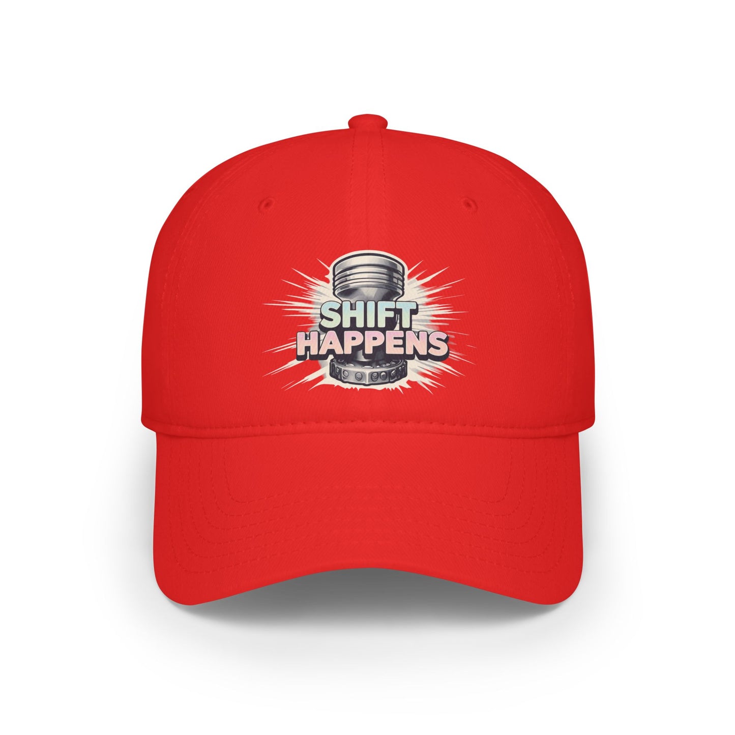 "Shift Happens" Low Profile Baseball Cap - Fun Red Cap for Casual Days