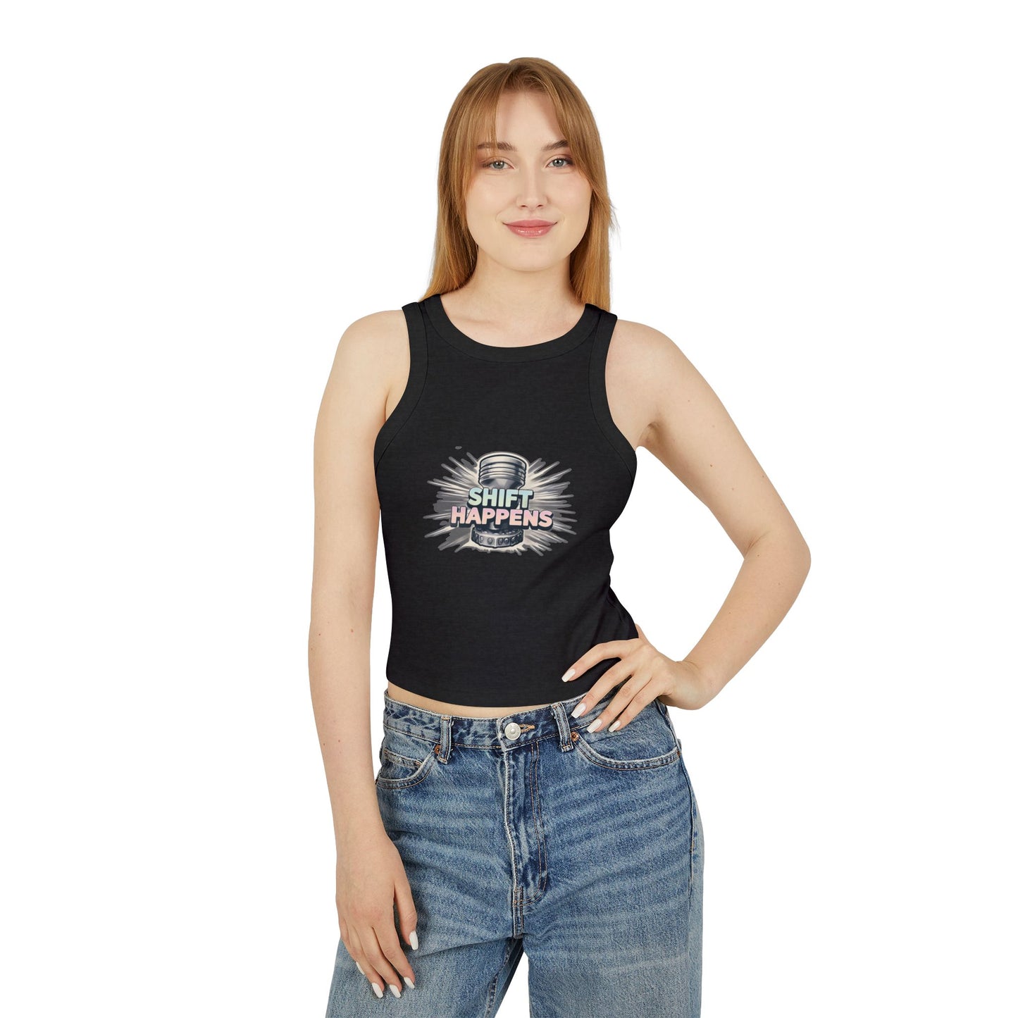 Shift Happens Women's Micro Rib Racer Tank Top - Empowering Graphic Tee