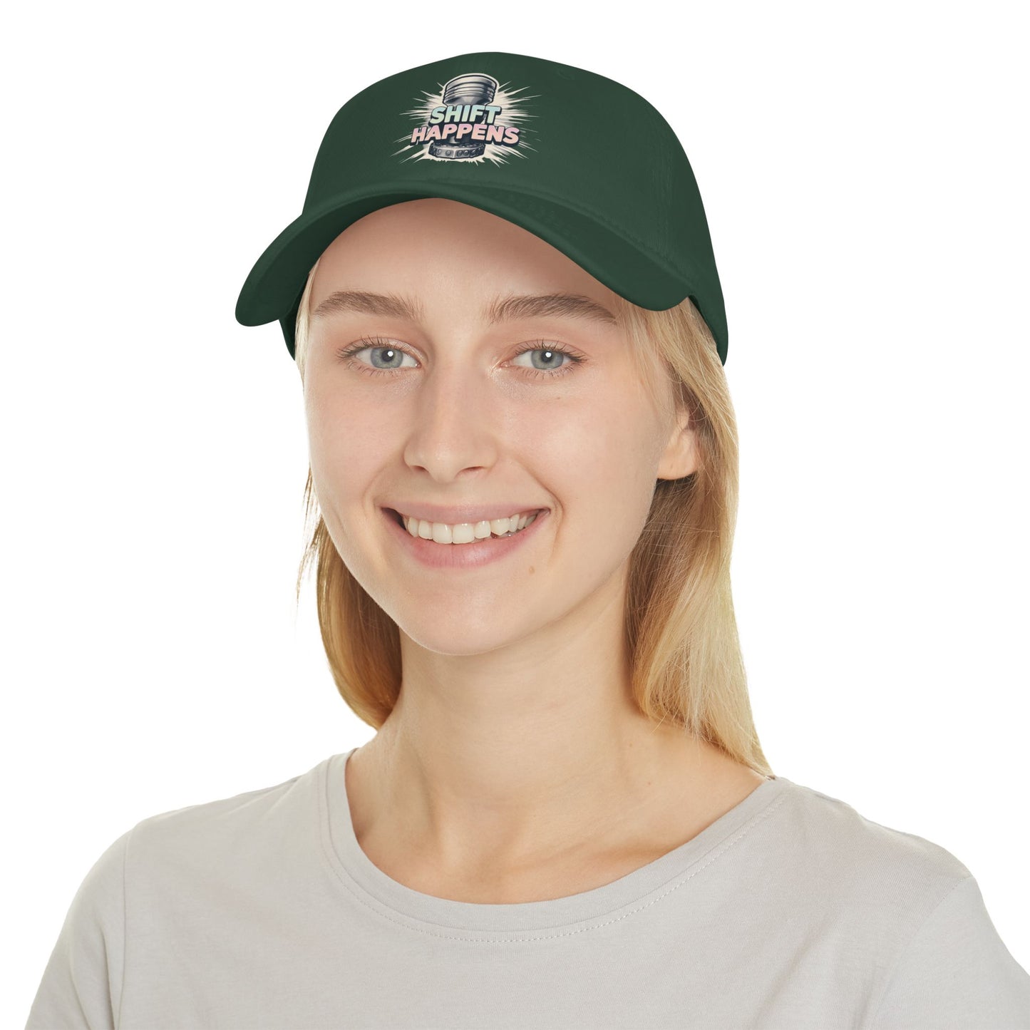 "Shift Happens" Low Profile Baseball Cap - Fun Red Cap for Casual Days