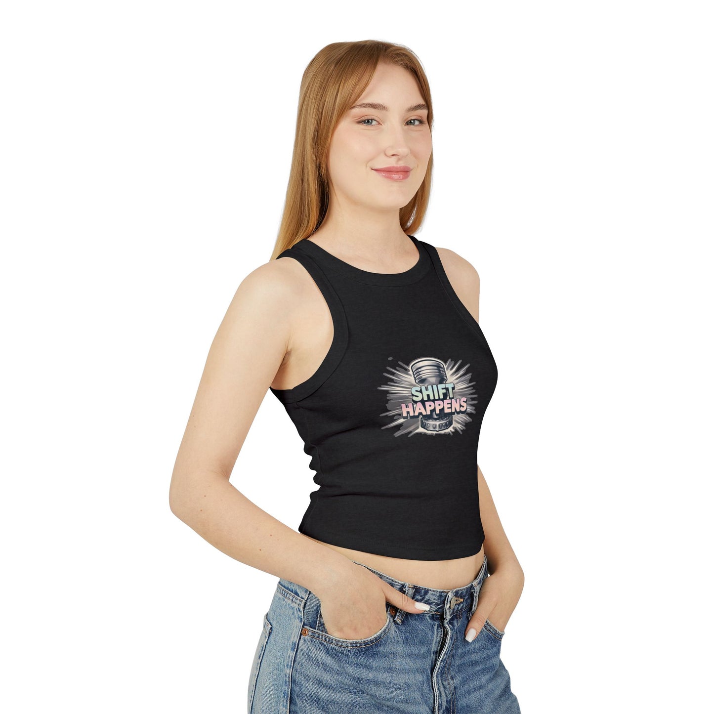 Shift Happens Women's Micro Rib Racer Tank Top - Empowering Graphic Tee