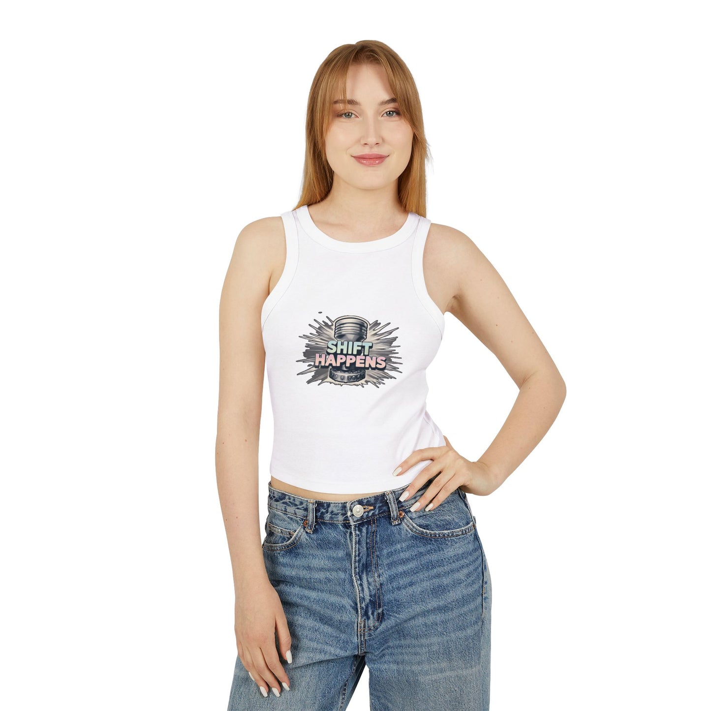 Shift Happens Women's Micro Rib Racer Tank Top - Empowering Graphic Tee