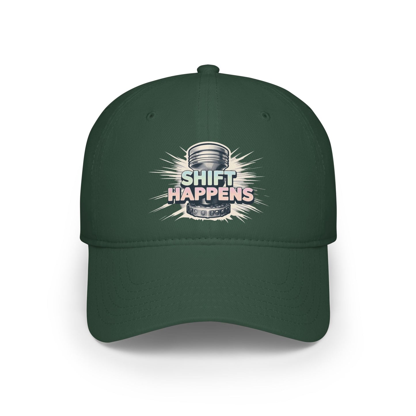 "Shift Happens" Low Profile Baseball Cap - Fun Red Cap for Casual Days