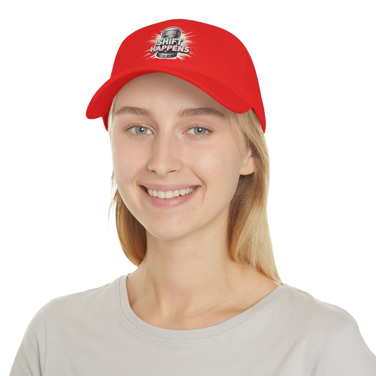 "Shift Happens" Low Profile Baseball Cap - Fun Red Cap for Casual Days